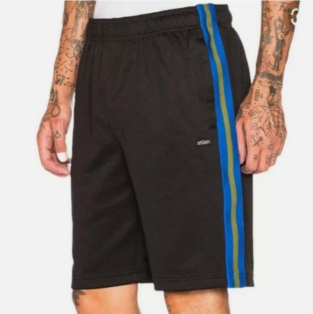 Stussy Poly Track Shorts Black with blue stripe. Sz M Elastic waist drawstring